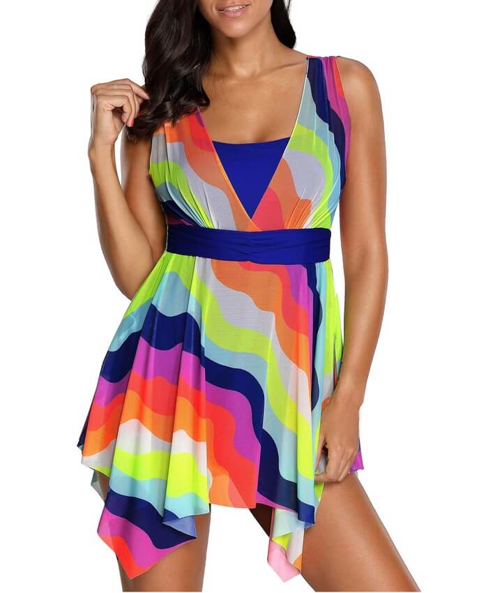 Printed Asymmetric Hem Swimdress and Shorts